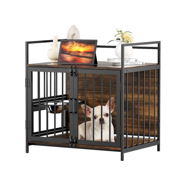 Heavy Duty Wooden Dog Crate with Stainless Steel Feeding Bowls and Adjustable Heights