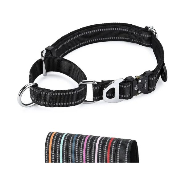 High-Density Reflective Nylon Martingale Collar for Small Medium and Large Black Dogs