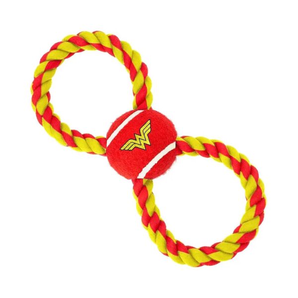 High-Energy Dog Toy with Interactive Red Yellow Rope Tennis Ball and Wonder Woman Logo