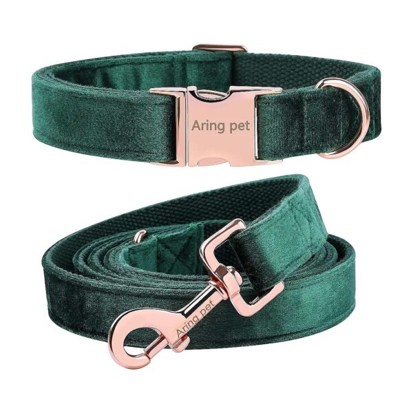 High-Quality Dark Green Velvet Dog Collar and Leash Adjustable Collars with Velvet Fabric