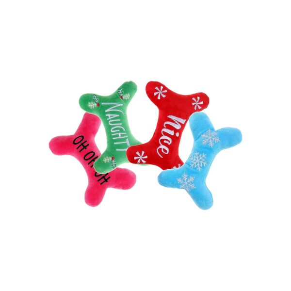 Holiday Dog Toy Gift Set of 4 Bone Shape Plush Squeaky Puppy Toys