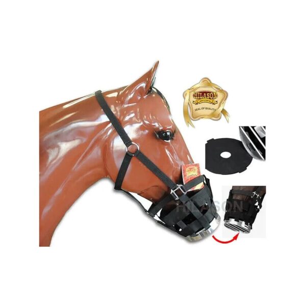 Horse Cribbing Muzzle with Black Nylon Material and Aluminum Framed Construction