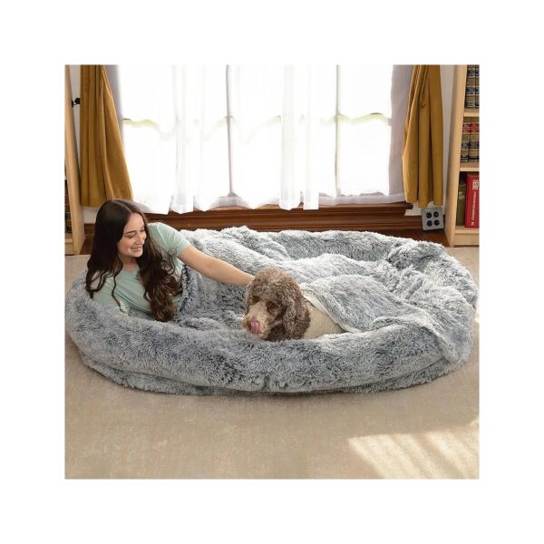 Human Dog Bed with Faux Fur Cover, Pillow, and Blanket for Comfort and Support