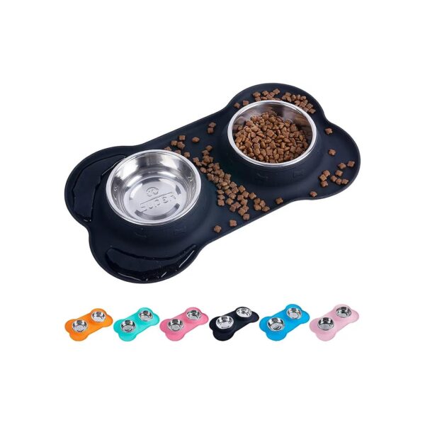 Hygienic Double Bowl Stainless Steel Pet Feeder with Silicone No-Spill Mat for Small Pets