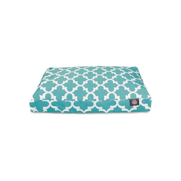 Indoor/Outdoor Dog Bed with Teal Trellis Pattern and Breathable Water-Resistant Cover