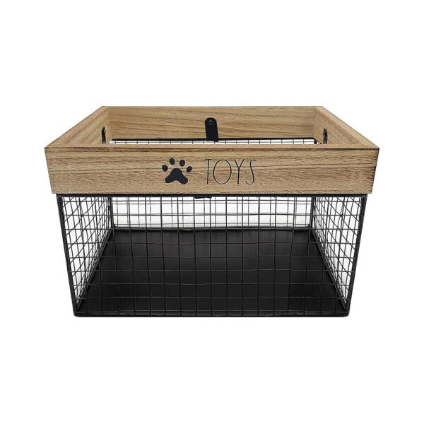 Industrial Chic Metal and Wood Pet Toy Storage Basket for Cats and Dogs