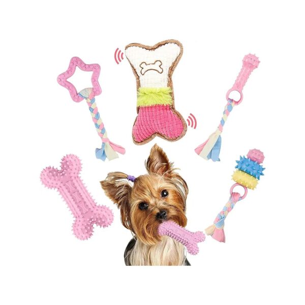 Interactive Dog Toys for Small Dogs with 4 Pack Pink Chew Toys and 1 Stuffed Squeaky Toy