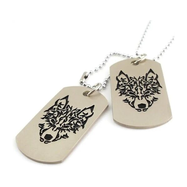 Khaki Metal Military Dog Tags Pendants with Black Wolf Head and Fairy Tail Carvings