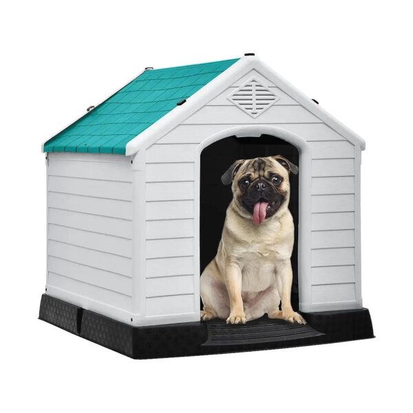 Large Blue Plastic Dog House with Air Vents and Ground Nails for Small Medium Dogs