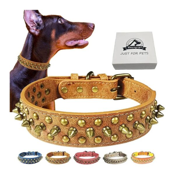 Large Brown Dog Collar with PU Leather and Studded Design for Pitbulls and Mastiffs