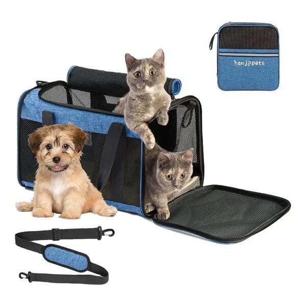 Large Cat Carrier Pet Bag Breathable Mesh Soft Sided Travel Carrier for Dogs 2 Cats Blue