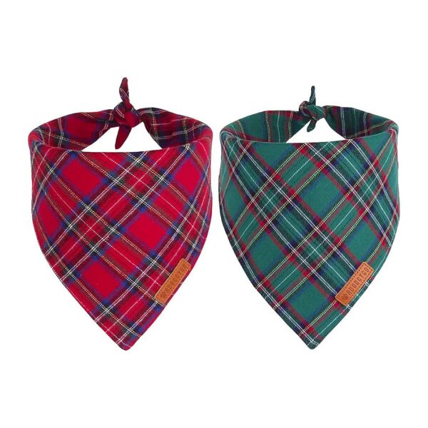 Large Christmas Dog Bandanas 2-Pack, Premium Cotton, Plaid Scarf for Medium to Large Dogs