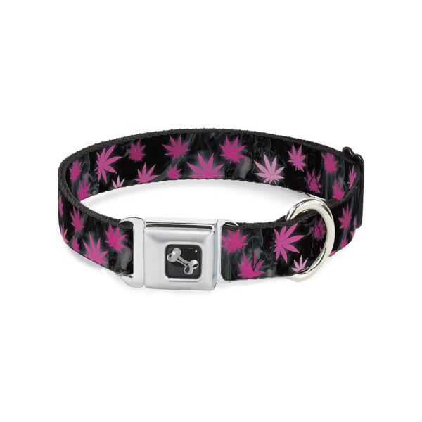 Large Dog Collar with Pot Leaves Pattern and Smoke Black Pinks White 5 Inch Wide