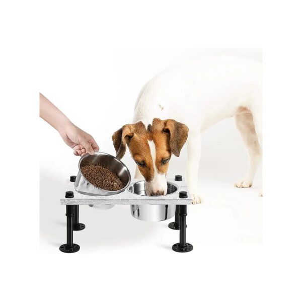 Large Dog Food and Water Bowl Stand with Farmhouse Style Wood and Stainless Steel Bowls