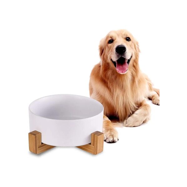 Large Dog Food and Water Bowls with Wood Stand, 4" Diameter, 8