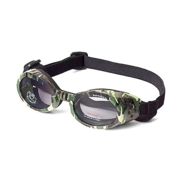 Large Dog Goggles with Green Camo Frame and Smoke Lens for UV Protection and Comfort