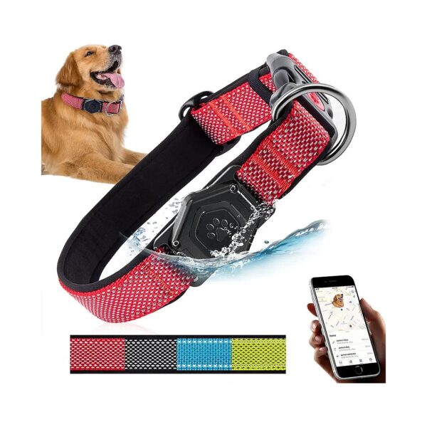 Large Dog Walking Collar with Waterproof Airtag Holder Adjustable Soft Reflective Strap