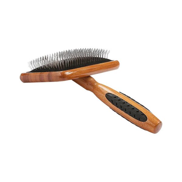 Large Grooming Brush with Natural Bamboo Wood Handle and Rubber Grip