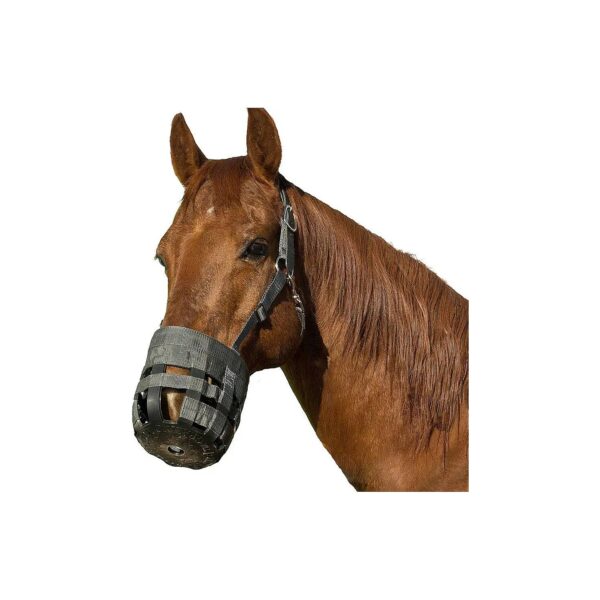 Large Horse Grazing Muzzle with Leather Crown, Charcoal Finish, Easy Attachment