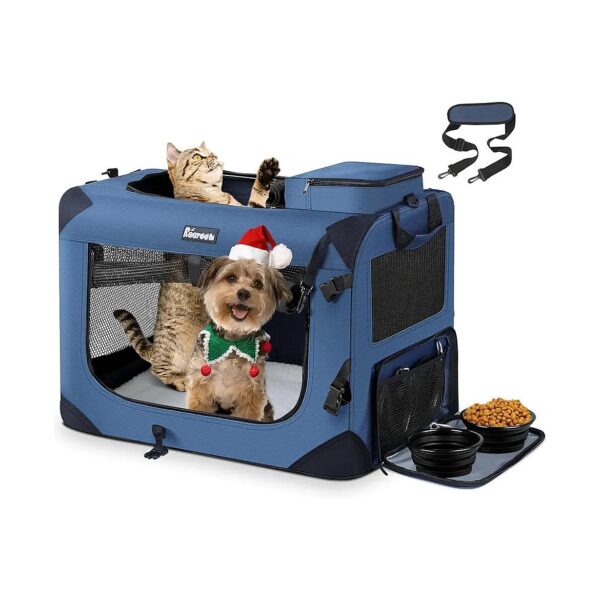 Large Pet Carrier with 2 Bowls and Locking Zippers for Cats Dogs Puppies and Kittens Navy