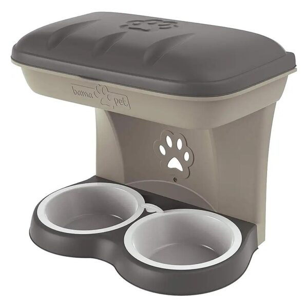 Large Pet Food Stand with Storage and Two Bowls, Taupe Color, 400ml Capacity, 5 Lbs