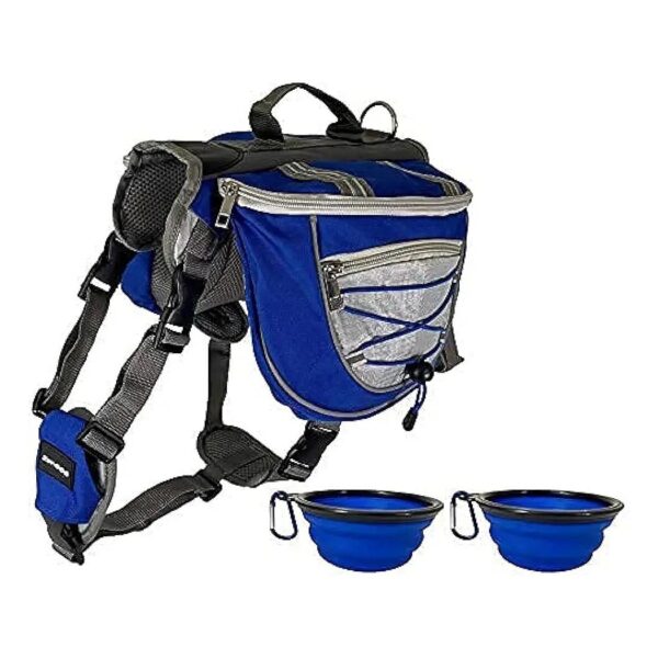 Large Size Dog Saddlebag Backpack Harness for Hiking, Camping, and Travel with Two Bowls