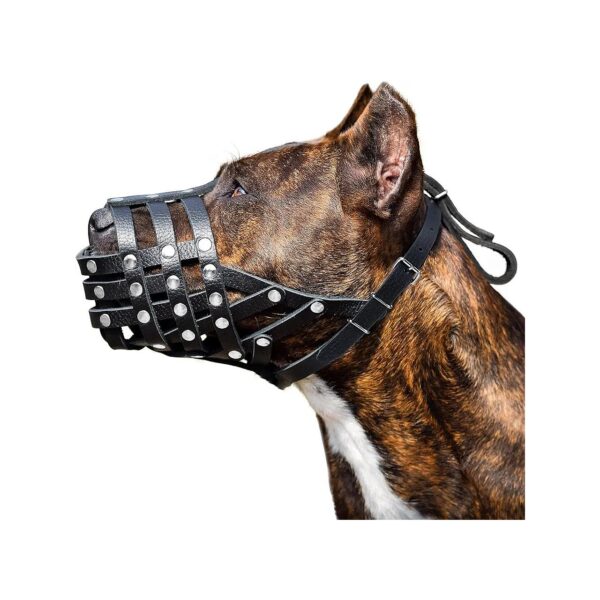 Large Soft Leather Dog Muzzle for Pitbulls with Adjustable Straps and Breathable Design