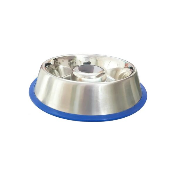 Large Stainless Steel Slow Feed Dog Bowl with Blue Base Bloat Stop