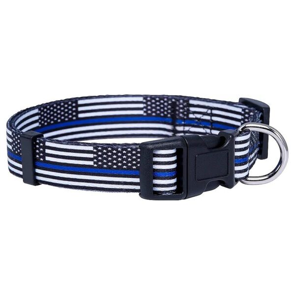 Large Thin Blue Line Flag Adjustable Dog Collar with Durable Polyester and Metal D-Rings