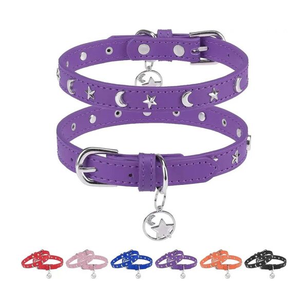 Leather Dog Collar for Small Dogs with Adjustable Buckle and Star Moon Rivets Purple