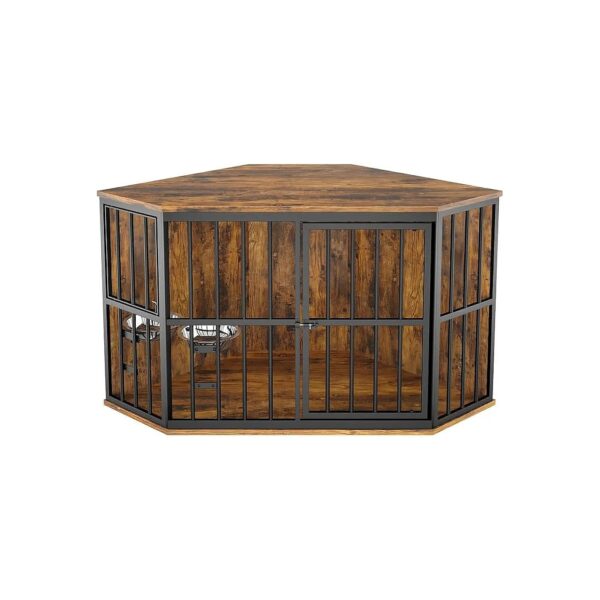 Living Room Decor Corner Dog Crate with Functional Bowls and Storage