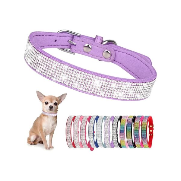 Long-Lasting Suede Small Dog Collar with Rhinestone Crystal Collar Purple