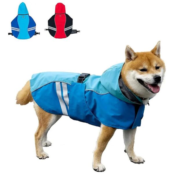 Medium Dog Raincoat with Reflective Strap and Leash Hole, Waterproof and Breathable, Blue