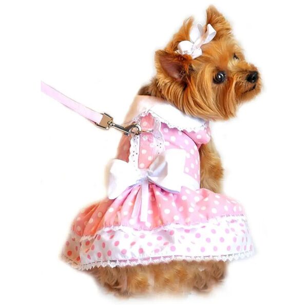 Medium Pink Polka Dot Cotton Adjustable Dog Harness Dress Set