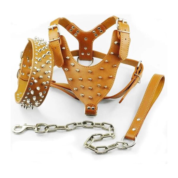 Medium Size Brown Striped PU Leather Studded Spiked Dog Collar Harness Leash 3 Piece Set