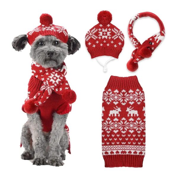 Medium Xmas Dog Costume 3-Piece Set Soft Knit Outfits Snowflake Pattern Sweater Hat Scarf