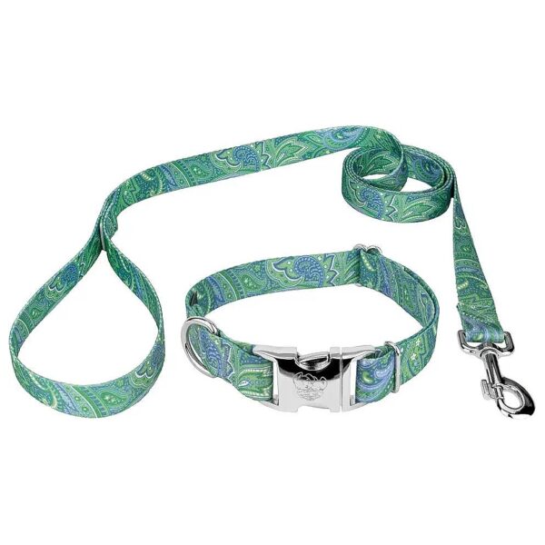 Medium to Large Breed Pet Collar and Leash Set with 1 Inch Wide Green Paisley Print