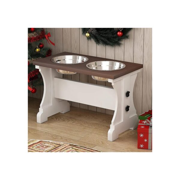 Medium-Sized Dog Food Bowl Stand with 2 Stainless Steel Bowls and Rustic Wood Finish