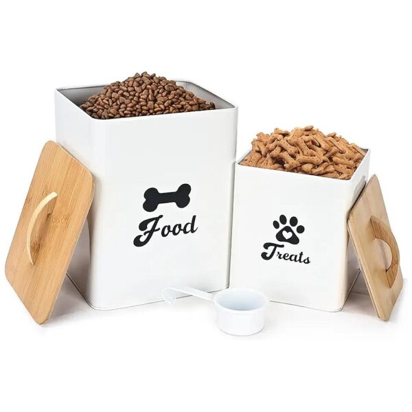 Metal Dog Treat Jars Sets with Wooden Lids, Scoop, and Airtight Seals for Freshness