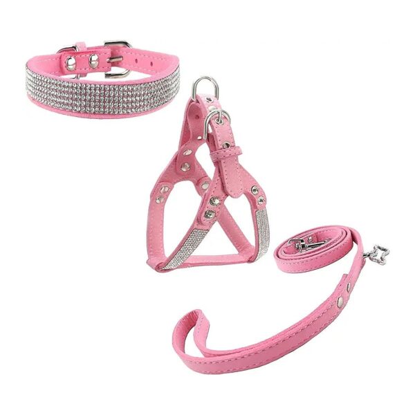 Microfiber Dog Collar and Harness Set with Leashes in Pink XS