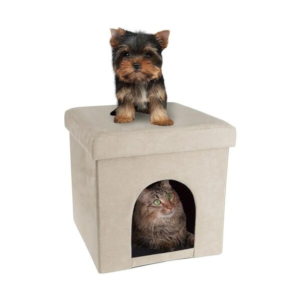 Microsuede Tan Small Dog or Cat Foldable Ottoman Bed with Sturdy Foundation