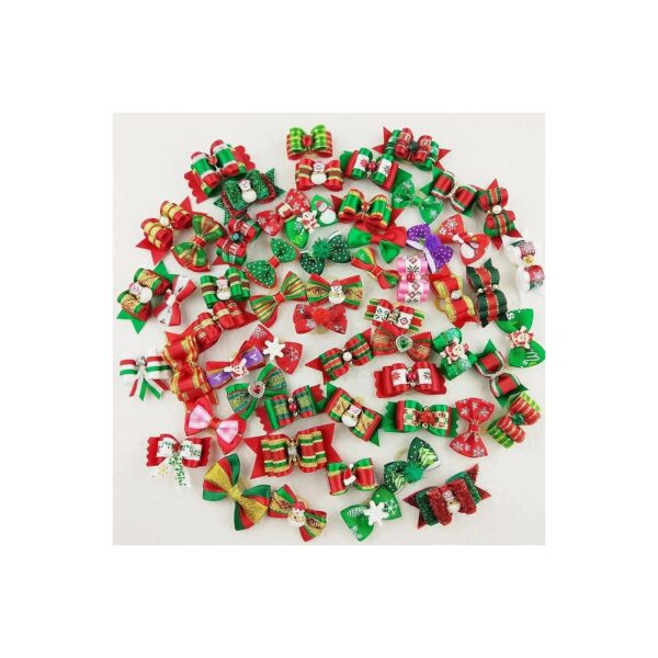 Mixed Christmas Dog and Cat Hair Bows with Rhinestones and Rubber Bands - 50 Piece