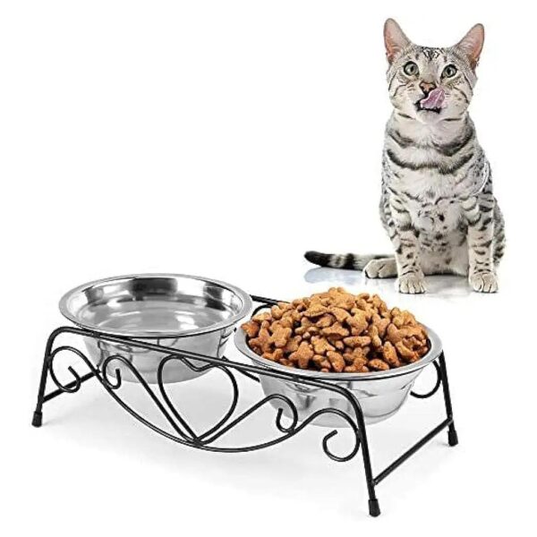 Modern Double Cat Dog Feeder Dish Bowls Stand with Polished Stainless Steel Construction