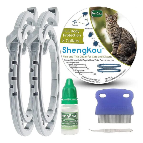 Natural and Waterproof Flea and Tick Collar for Cats with Free Treatment Drops and Comb