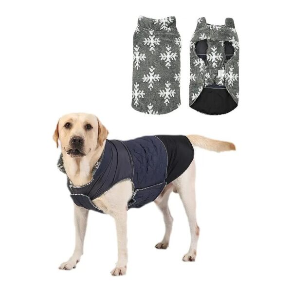 Navy Blue Waterproof and Fleece-Lined Reversible Dog Winter Coat with Reflective Stripes