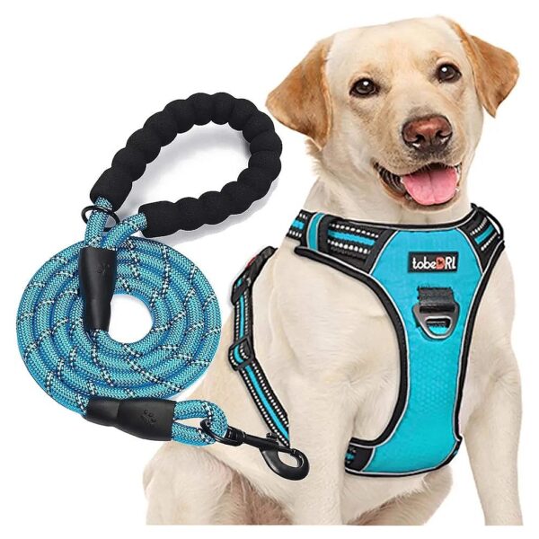 No Pull Dog Harness with Adjustable Reflective Blue Oxford Harness and Leash