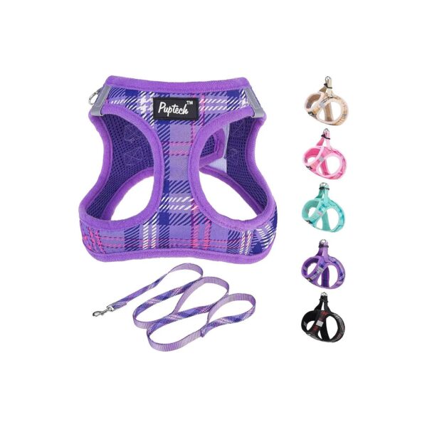 No Pull Reflective Harness and Leash Set for Small Medium Dogs with Plaid Purple Design