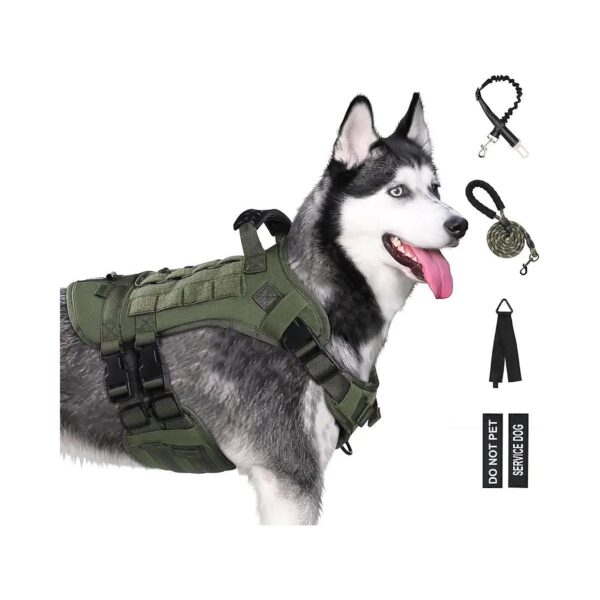 No Pull Tactical Green Dog Harness for Large Breed Dogs with Molle System and Leash