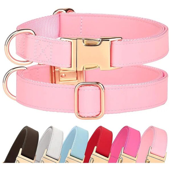 Nylon Dog Collar with Leather, Soft, Comfy, and Durable, Bright Pink, 9-14 '' Neck