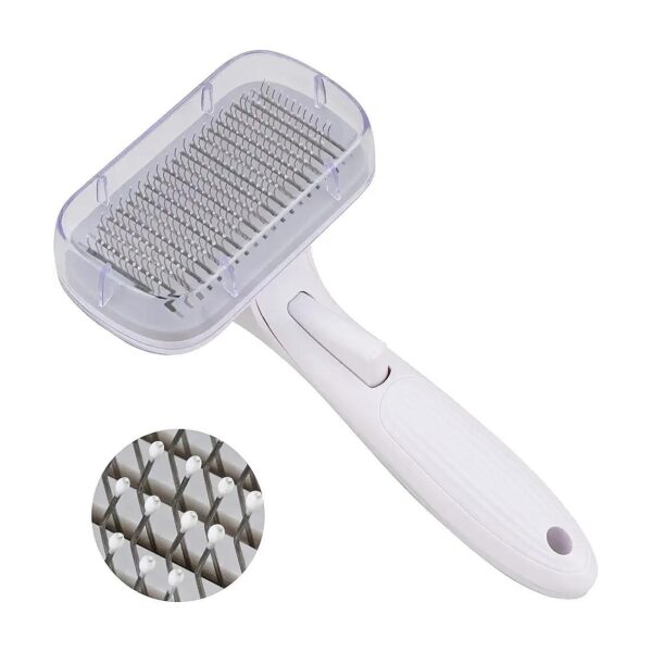 Oblong Grey Dog Brush with Self Cleaning and Protective Plastic Cover for Clean Bristles